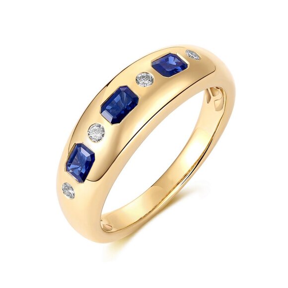 Emerald-Cut 14K (18k upon request) Yellow Gold Blue Sapphire Diamond Band Ring - Picture 6 of 6